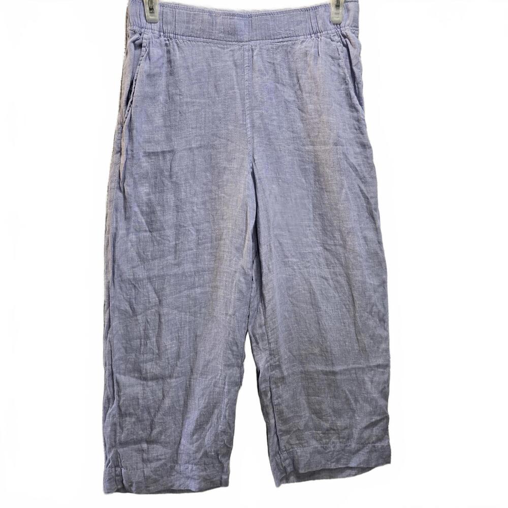 Tahari 100% Linen Blue Wide Leg Pants Elastic Waist with Pockets